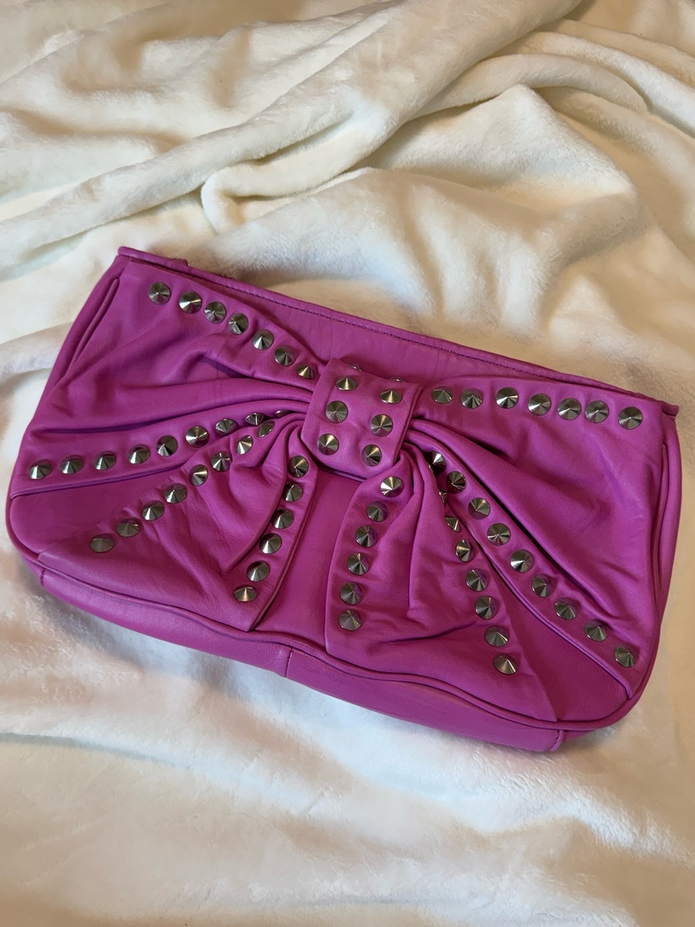 Betsey Johnson Bright Fuchsia Leather Studded Bow Clutch